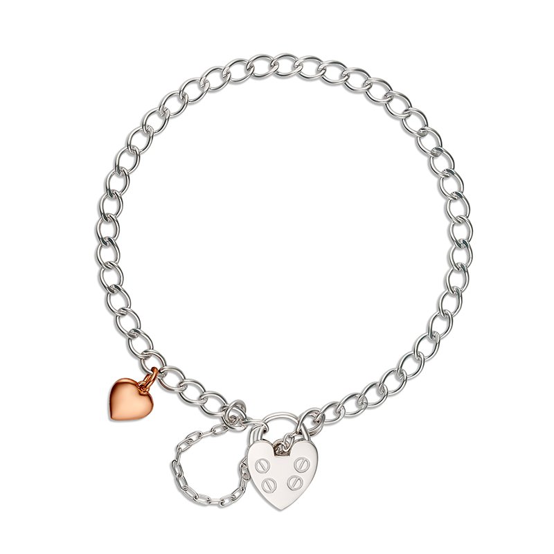 Brooklyn Silver Round Curb Bracelet with Rose Gold Heart Charm