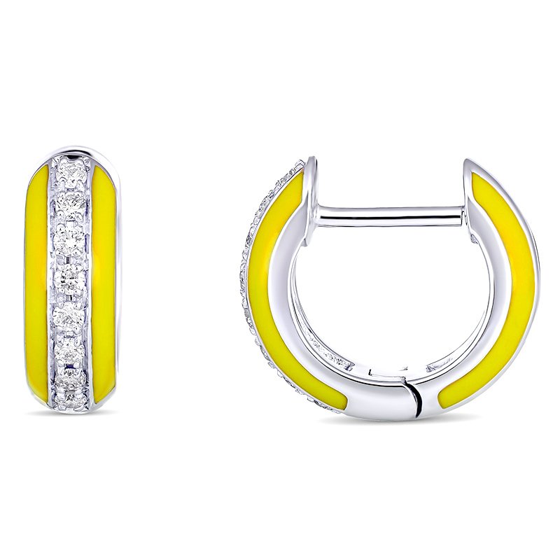 Enamoured Neon Yellow Enamel Channel Set Diamond Huggie Earring 9kt White Gold