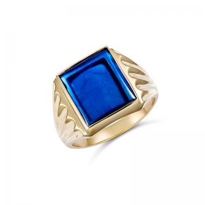 Egypt Rectangle Synthetic Blue Stone Ring 9kt Yellow Gold