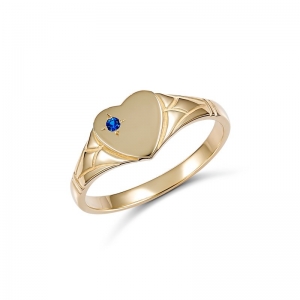 Emily Heart Blue Stone Signet Ring 9kt Yellow Gold Size E
