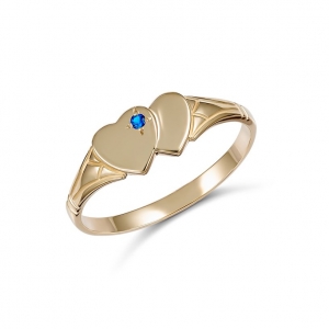 Eleanor Double Heart Blue Stone Signet Ring 9kt Yellow Gold Size E