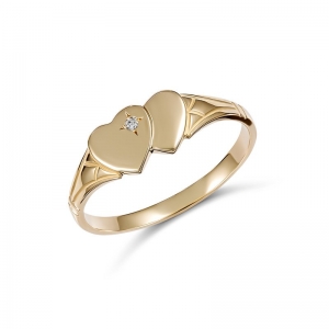 Eleanor Double Heart Diamond Signet Ring 9kt Yellow Gold Size E
