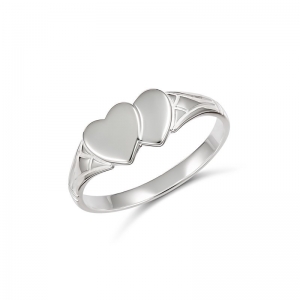 Eleanor Engraved Double Heart Signet Ring Silver Size E