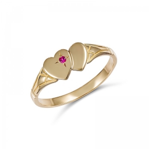 Eleanor Double Heart Red Stone Signet Ring 9kt Yellow Gold Size E