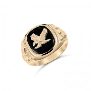 Beau Landing Eagle Cushion Black Onyx Ring 9kt Yellow Gold