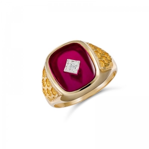 Beau Cushion Created Ruby Diamond Ring 9kt Yellow Gold