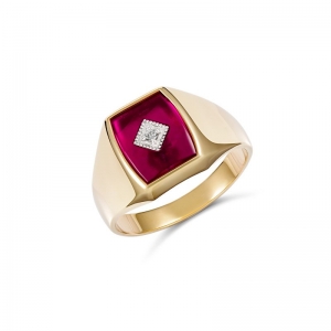 Belize Barrel Created Ruby Diamond Ring 9kt Yellow Gold
