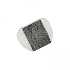 Jesus Rectangle Black Mother of Pearl Ring Silver