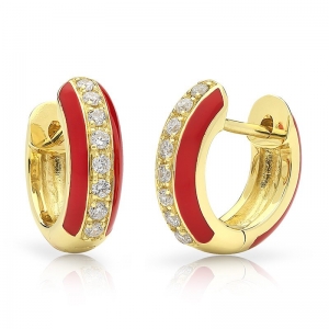 Enamoured Red Enamel Channel Set Diamond Huggie Earring 9kt Yellow Gold